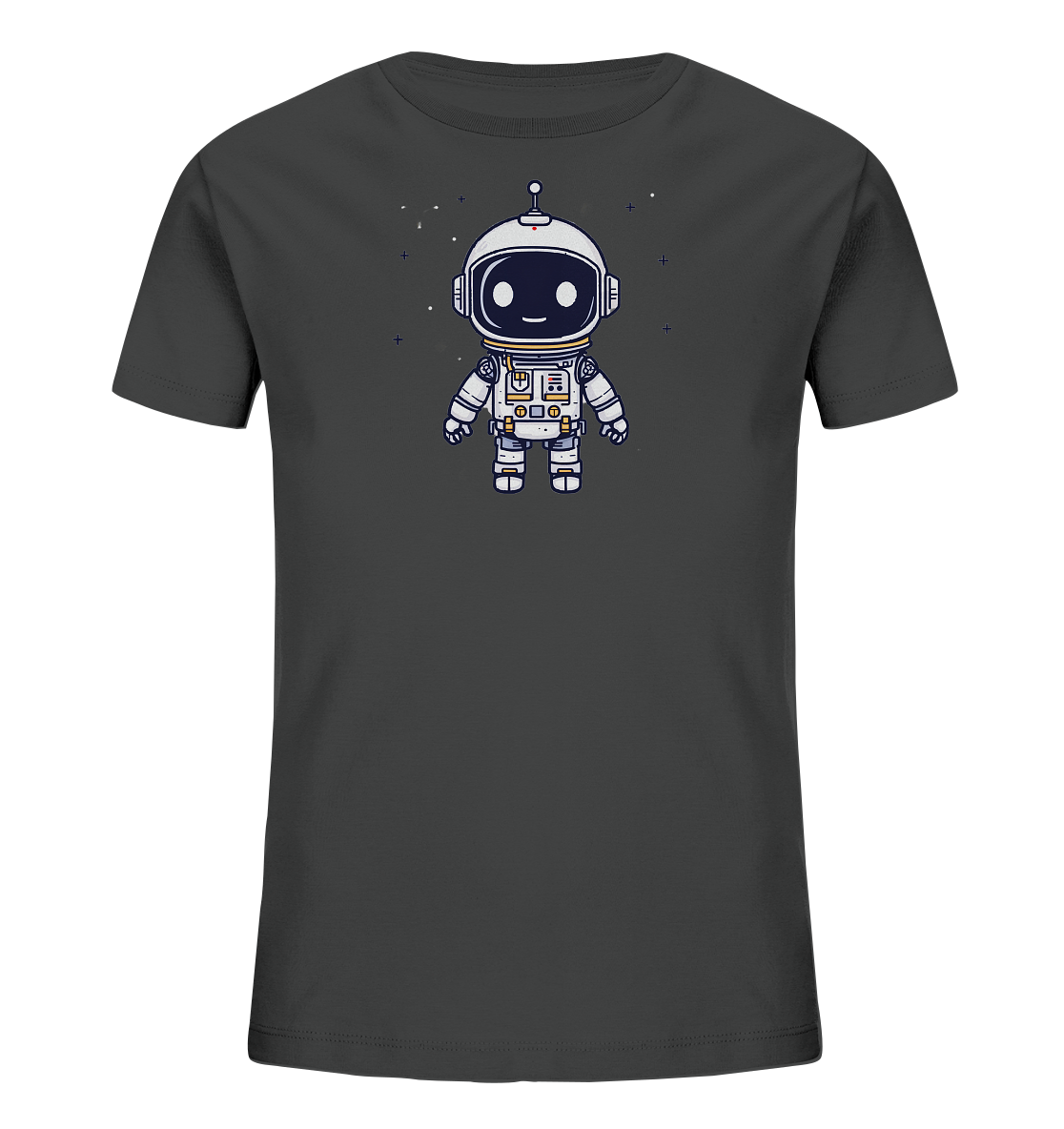Onlineshop Shirts für Kinder - Das Bild zeigt ein dunkelgraues T-Shirt für Kinder. Auf der Vorderseite ist eine Illustration eines kleinen, cartoonhaften Astronauten zu sehen. Der Astronaut trägt einen detaillierten weißen Anzug mit blauen und gelben Akzenten und hat ein freundliches, lächelndes Gesicht in seinem Helm. Der Hintergrund der Grafik ist einfach gehalten und zeigt einige kleine Sterne und Punkte, was dem Design einen galaktischen Touch verleiht.