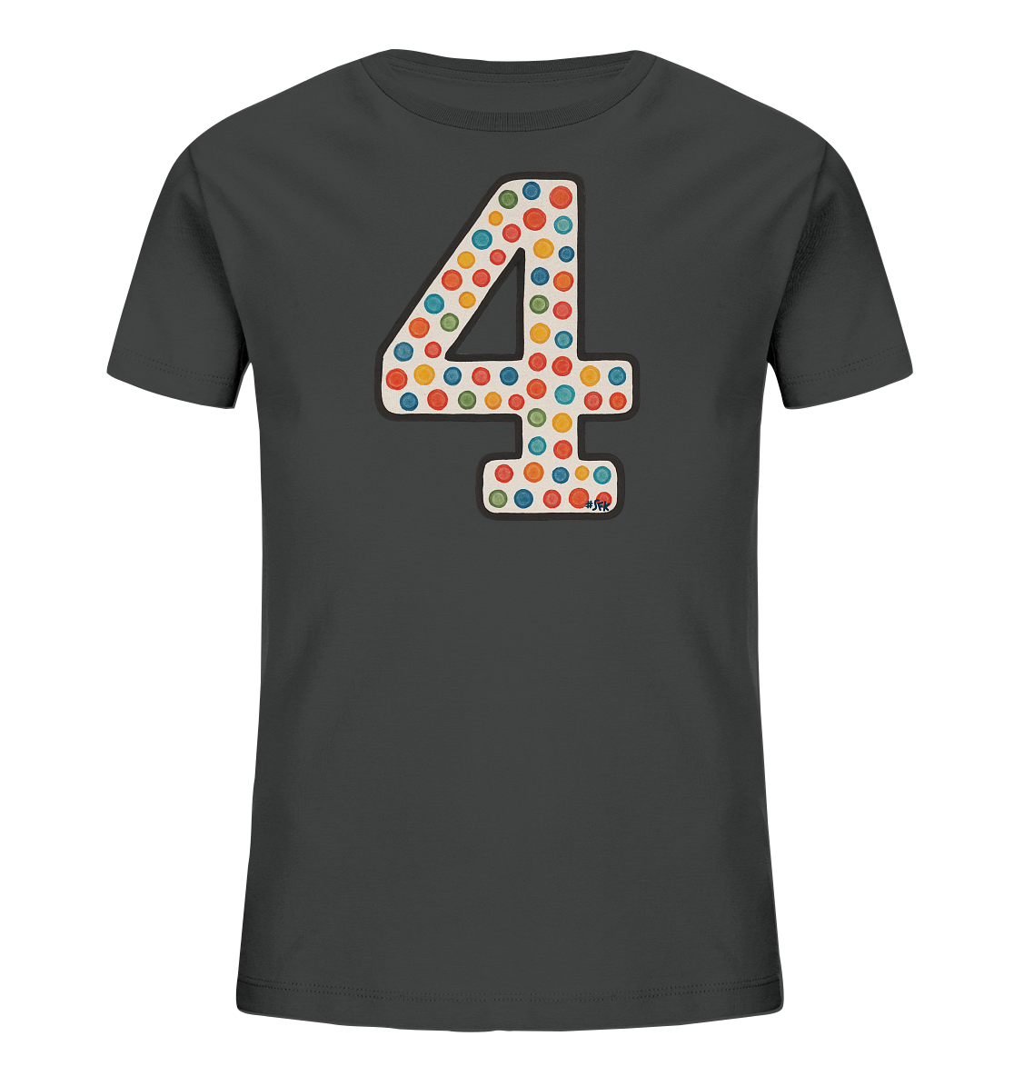 Onlineshop Shirts fuer Kinder - Das Bild zeigt ein dunkelgraues Kinder-T-Shirt mit einem grossen Motiv der Zahl 4 auf der Vorderseite. Die Zahl ist innen mit einem Muster aus vielen bunten Punkten in verschiedenen Farben gefuellt. Dieses froehliche Design hebt sich gut vom dunklen Stoff ab.