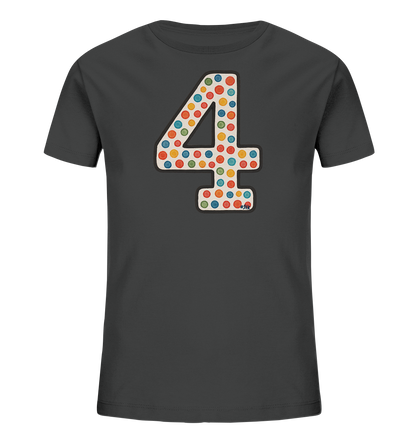 Kinder T-Shirt mit großer Zahl 4, bunten Punkten und dunkler Umrandung
