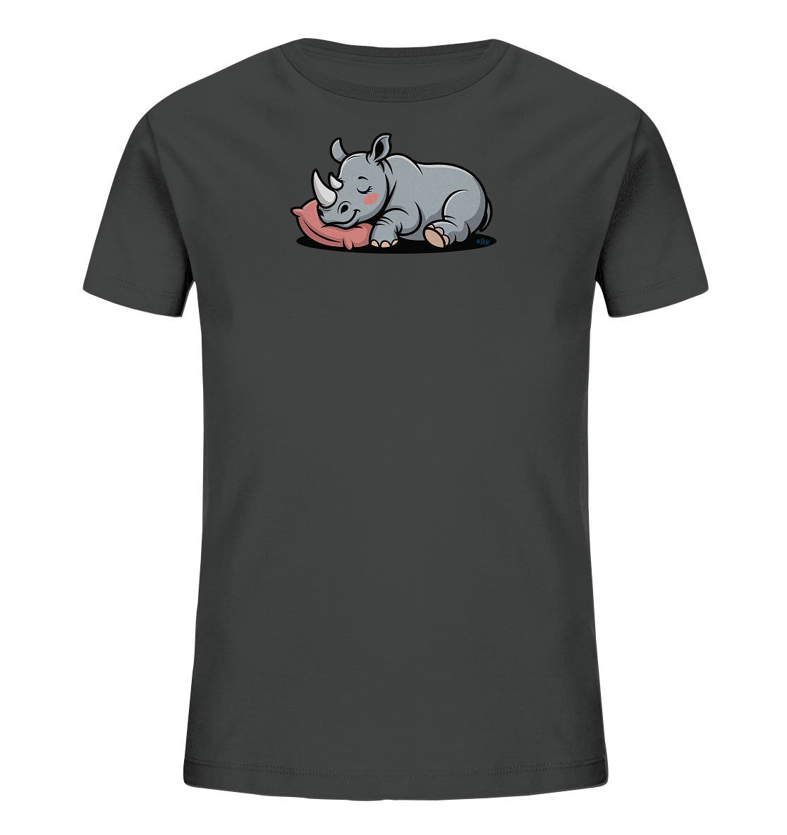 Onlineshop Shirts fuer Kinder - Das Bild zeigt ein dunkelgraues Kinder-T-Shirt mit einem niedlichen Motiv eines schlafenden Nashorns. Das Cartoon-Nashorn liegt friedlich auf einem rosafarbenen Kissen, mit geschlossenen Augen und rosigen Wangen. Das Design wirkt beruhigend und ist ideal fuer kleine Tierliebhaber. Die sanften Farben betonen den friedlichen Ausdruck des Tieres.