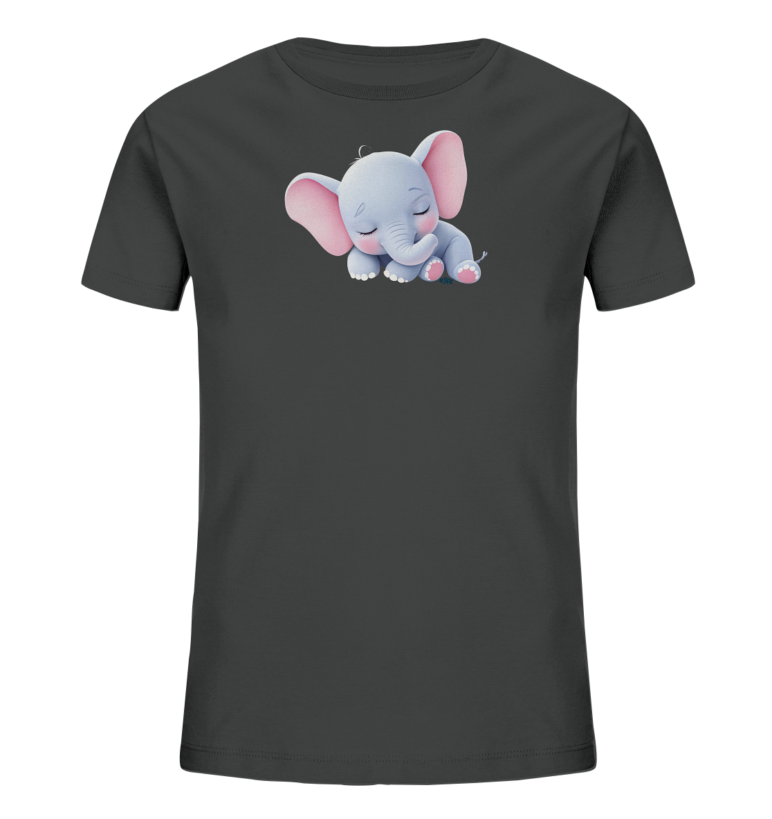Onlineshop Shirts fuer Kinder - Das dunkelgraue T-Shirt zeigt ein niedliches Motiv eines schlafenden Baby-Elefanten auf der Vorderseite. Der kleine Elefant ist hellblau-grau mit grossen, rosa Ohren und rosa Details an den Pfoten. Er liegt friedlich mit geschlossenen Augen da, was dem Design eine ruhige und entspannte Ausstrahlung verleiht. Die Gestaltung wirkt verspielt und liebevoll.