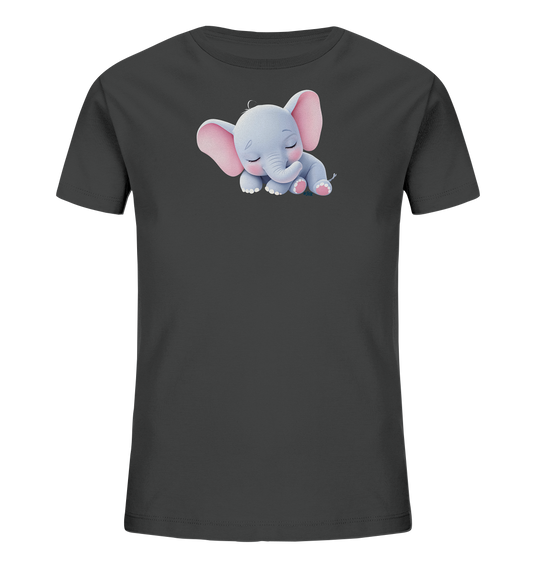 Onlineshop Shirts fuer Kinder - Das dunkelgraue T-Shirt zeigt ein niedliches Motiv eines schlafenden Baby-Elefanten auf der Vorderseite. Der kleine Elefant ist hellblau-grau mit grossen, rosa Ohren und rosa Details an den Pfoten. Er liegt friedlich mit geschlossenen Augen da, was dem Design eine ruhige und entspannte Ausstrahlung verleiht. Die Gestaltung wirkt verspielt und liebevoll.