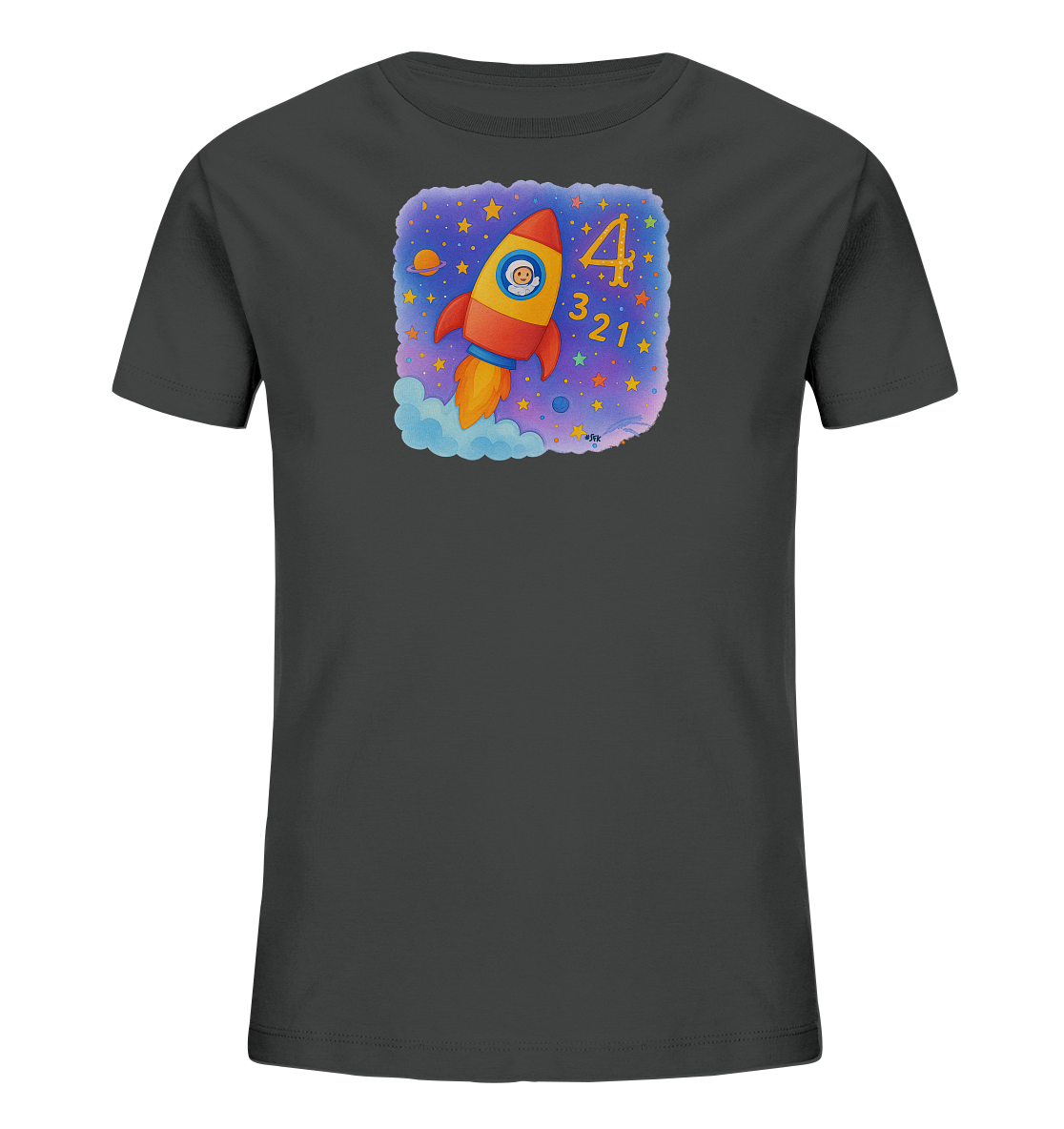 Onlineshop Shirts fuer Kinder - Das Bild zeigt ein dunkelgraues Kinder-T-Shirt mit einem bunten Aufdruck einer Rakete. Die Rakete startet in einen sternenuebersaeten Weltraum mit Planeten. Im Fenster der Rakete sitzt ein Astronautengesicht, und neben der Rakete stehen die Zahlen 4, 3, 2, 1. Das Design ist verspielt und thematisiert den Start ins All.