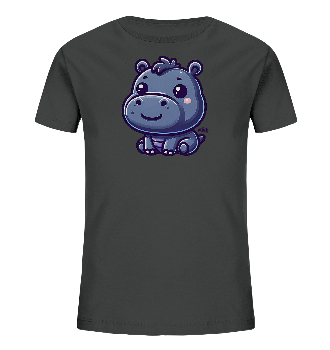 Onlineshop Shirts fuer Kinder - Das Bild zeigt ein dunkelgraues T-Shirt fuer Kinder. Auf der Vorderseite ist eine niedliche Illustration eines cartoonhaften Nilpferds zu sehen. Das Nilpferd sitzt aufrecht, hat grosse Augen und einen freundlichen Ausdruck. Das Motiv ist farbenfroh gestaltet und verleiht dem Shirt einen verspielten Look.