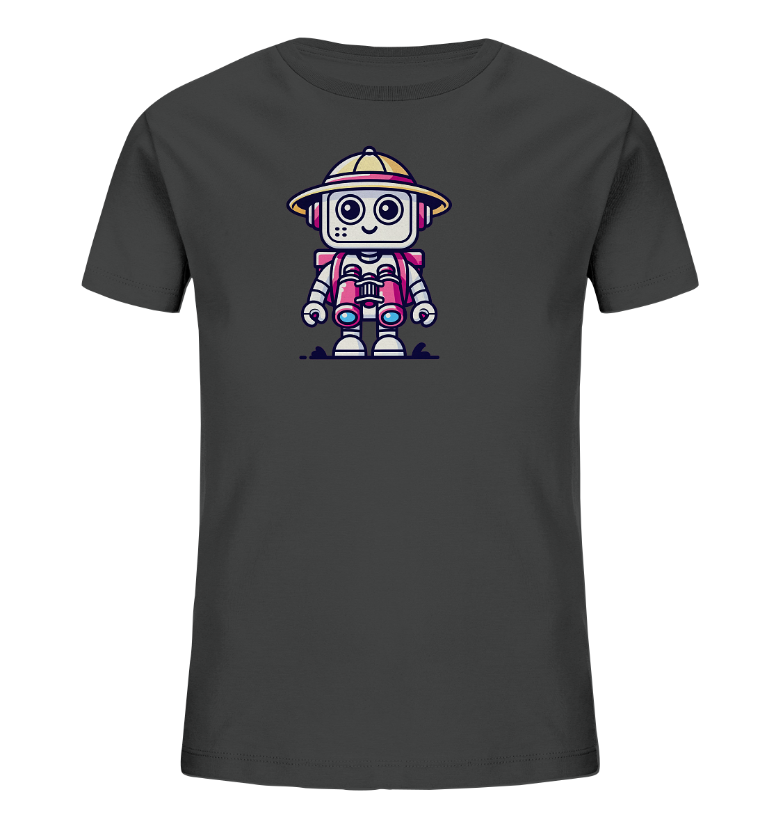 Onlineshop Shirts für Kinder - Das Bild zeigt ein dunkelgraues Kinder-T-Shirt. Auf der Vorderseite ist eine Illustration eines kleinen, freundlichen Roboters abgebildet. Der Roboter trägt einen beigen Sonnenhut und hat ein Fernglas in der Hand. Das Design ist farbenfroh mit pinken und blauen Akzenten und verleiht dem Shirt einen verspielten Charakter, der an Abenteuer erinnert.