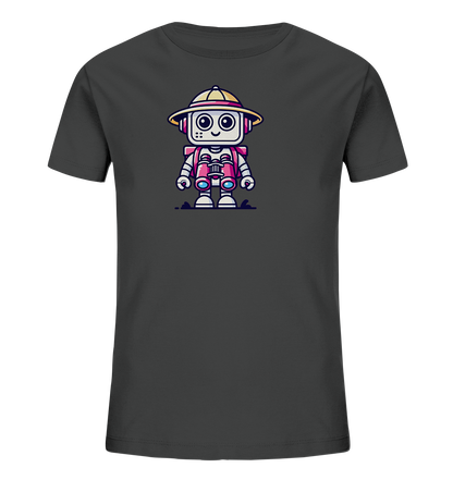 Onlineshop Shirts für Kinder - Das Bild zeigt ein dunkelgraues Kinder-T-Shirt. Auf der Vorderseite ist eine Illustration eines kleinen, freundlichen Roboters abgebildet. Der Roboter trägt einen beigen Sonnenhut und hat ein Fernglas in der Hand. Das Design ist farbenfroh mit pinken und blauen Akzenten und verleiht dem Shirt einen verspielten Charakter, der an Abenteuer erinnert.