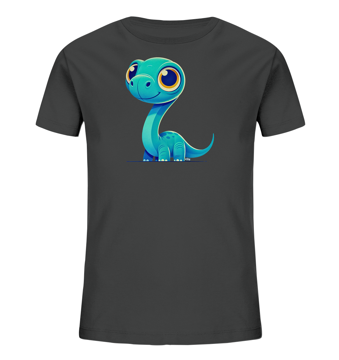 Onlineshop Shirts für Kinder - Das Bild präsentiert ein dunkles, unifarbenes Kinder-T-Shirt. Auf der Vorderseite ist eine niedliche, cartoonartige Illustration eines kleinen Dinosauriers zu sehen. Der Dinosaurier hat eine türkisblaue Farbe, große, ausdrucksstarke Augen mit gelben Akzenten und einen langen Hals. Er sitzt aufrecht und scheint freundlich in die Kamera zu blicken, was dem Motiv einen verspielten Charakter verleiht.
