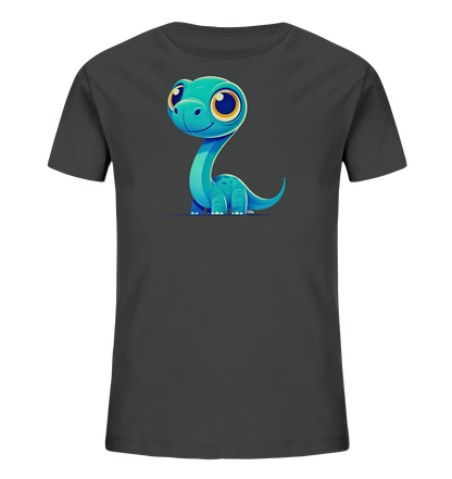 Onlineshop Shirts für Kinder - Das Bild präsentiert ein dunkles, unifarbenes Kinder-T-Shirt. Auf der Vorderseite ist eine niedliche, cartoonartige Illustration eines kleinen Dinosauriers zu sehen. Der Dinosaurier hat eine türkisblaue Farbe, große, ausdrucksstarke Augen mit gelben Akzenten und einen langen Hals. Er sitzt aufrecht und scheint freundlich in die Kamera zu blicken, was dem Motiv einen verspielten Charakter verleiht.