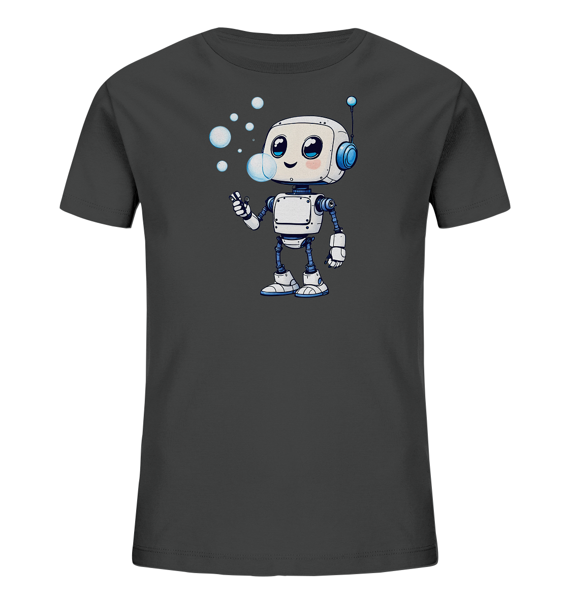 Onlineshop Shirts für Kinder - Das Bild zeigt ein dunkelgraues Kinder-T-Shirt. Auf der Vorderseite des Shirts ist eine Cartoon-Illustration eines freundlichen Roboters zu sehen. Der Roboter ist hauptsächlich weiß mit blauen Akzenten und pustet eine Reihe von Seifenblasen aus seiner Hand. Die Darstellung ist detailreich und farbenfroh, was dem T-Shirt einen verspielten Charakter verleiht.