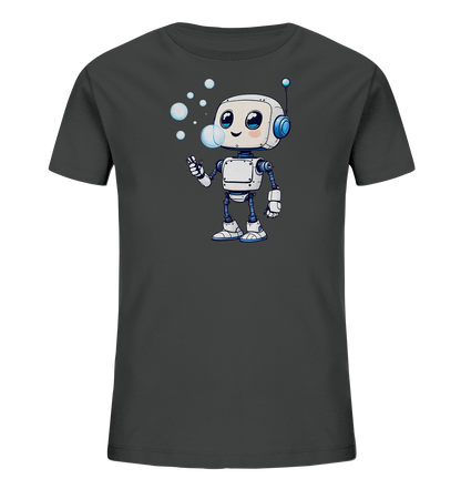 Onlineshop Shirts für Kinder - Das Bild zeigt ein dunkelgraues Kinder-T-Shirt. Auf der Vorderseite des Shirts ist eine Cartoon-Illustration eines freundlichen Roboters zu sehen. Der Roboter ist hauptsächlich weiß mit blauen Akzenten und pustet eine Reihe von Seifenblasen aus seiner Hand. Die Darstellung ist detailreich und farbenfroh, was dem T-Shirt einen verspielten Charakter verleiht.