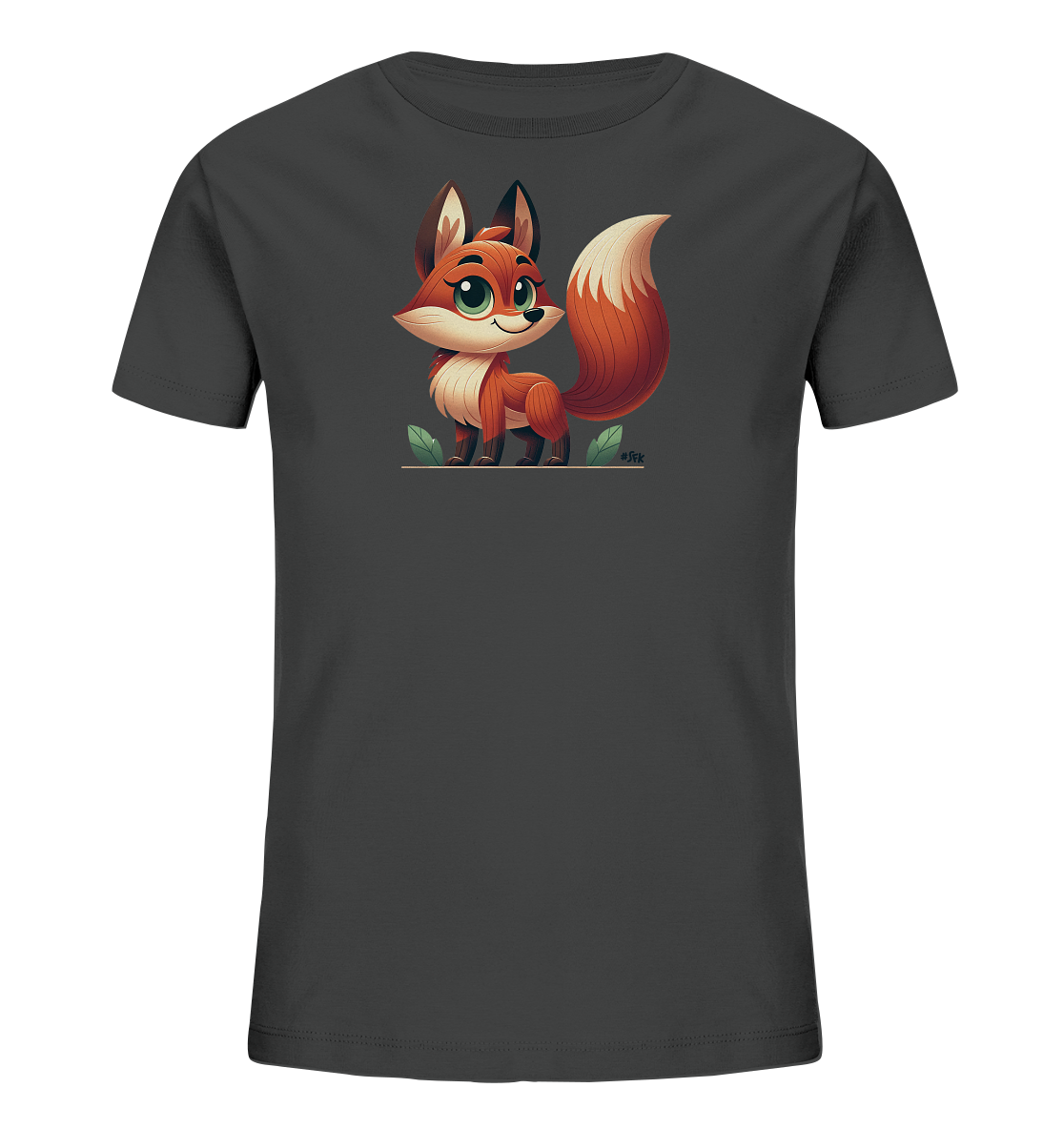 Onlineshop Shirts fuer Kinder - Das Bild zeigt ein dunkelgraues Kinder T-Shirt mit einem niedlichen Fuchsmotiv auf der Vorderseite. Der Fuchs ist im Cartoon-Stil gezeichnet, hat oranges Fell, grosse gruene Augen und steht auf einer angedeuteten Flaeche mit Blaettern. Das Design wirkt freundlich und verspielt.