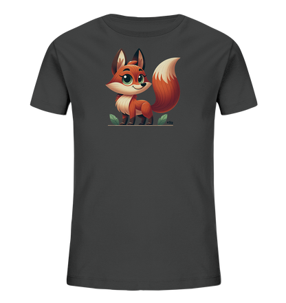 Onlineshop Shirts fuer Kinder - Das Bild zeigt ein dunkelgraues Kinder T-Shirt mit einem niedlichen Fuchsmotiv auf der Vorderseite. Der Fuchs ist im Cartoon-Stil gezeichnet, hat oranges Fell, grosse gruene Augen und steht auf einer angedeuteten Flaeche mit Blaettern. Das Design wirkt freundlich und verspielt.