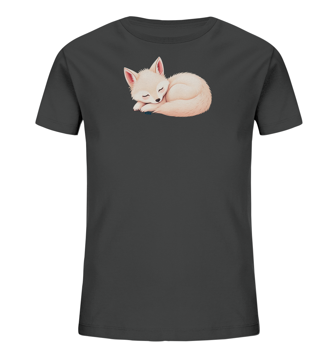 Onlineshop Shirts fuer Kinder - Das Bild zeigt ein dunkelgraues Kinder-T-Shirt. Auf der Vorderseite ist eine niedliche Illustration eines schlafenden Fuchses zu sehen. Der hellbeige Fuchs ist zusammengerollt dargestellt, mit geschlossenen Augen und rosa Ohrspitzen, was ein friedliches Motiv ergibt.