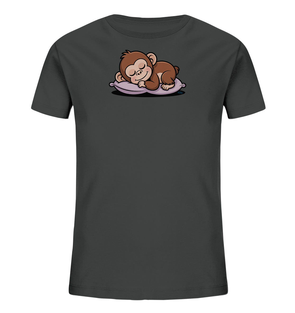 Onlineshop Shirts fuer Kinder - Das Bild zeigt ein dunkelgraues Kinder-T-Shirt mit einem niedlichen Frontdruck. Auf der Vorderseite ist ein schlafender, brauner Affe abgebildet, der friedlich auf einem lilafarbenen Kissen liegt. Der Affe hat die Augen geschlossen und ein sanftes Laecheln, was dem Design eine ruhige und liebevolle Ausstrahlung verleiht. Die Illustration ist in einem charmanten Cartoon-Stil gehalten.