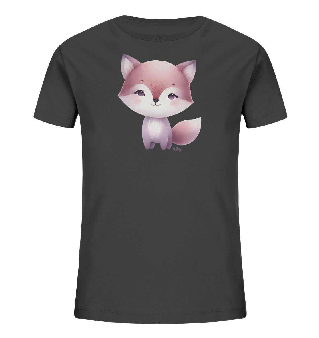 Onlineshop Shirts fuer Kinder - Das Bild zeigt ein dunkles, einfarbiges T-Shirt fuer Kinder. Auf der Vorderseite ist eine niedliche, stilisierte Fuchs-Illustration zu sehen. Der Fuchs hat rosafarbene Fellakzente und schaut frontal in die Kamera. Das Design ist verspielt und ansprechend.