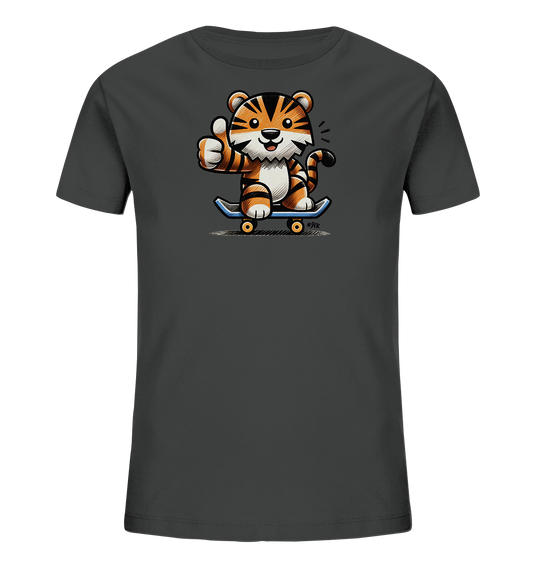 Onlineshop Shirts fuer Kinder - Das Bild zeigt ein dunkelgraues Kinder-T-Shirt mit einem coolen Aufdruck auf der Vorderseite. Darauf ist ein freundlicher Cartoon-Tiger zu sehen, der auf einem blauen Skateboard sitzt. Der Tiger gibt einen Daumen nach oben und hat ein froehliches Laecheln. Dieses Design verleiht dem Shirt einen dynamischen und lustigen Look.