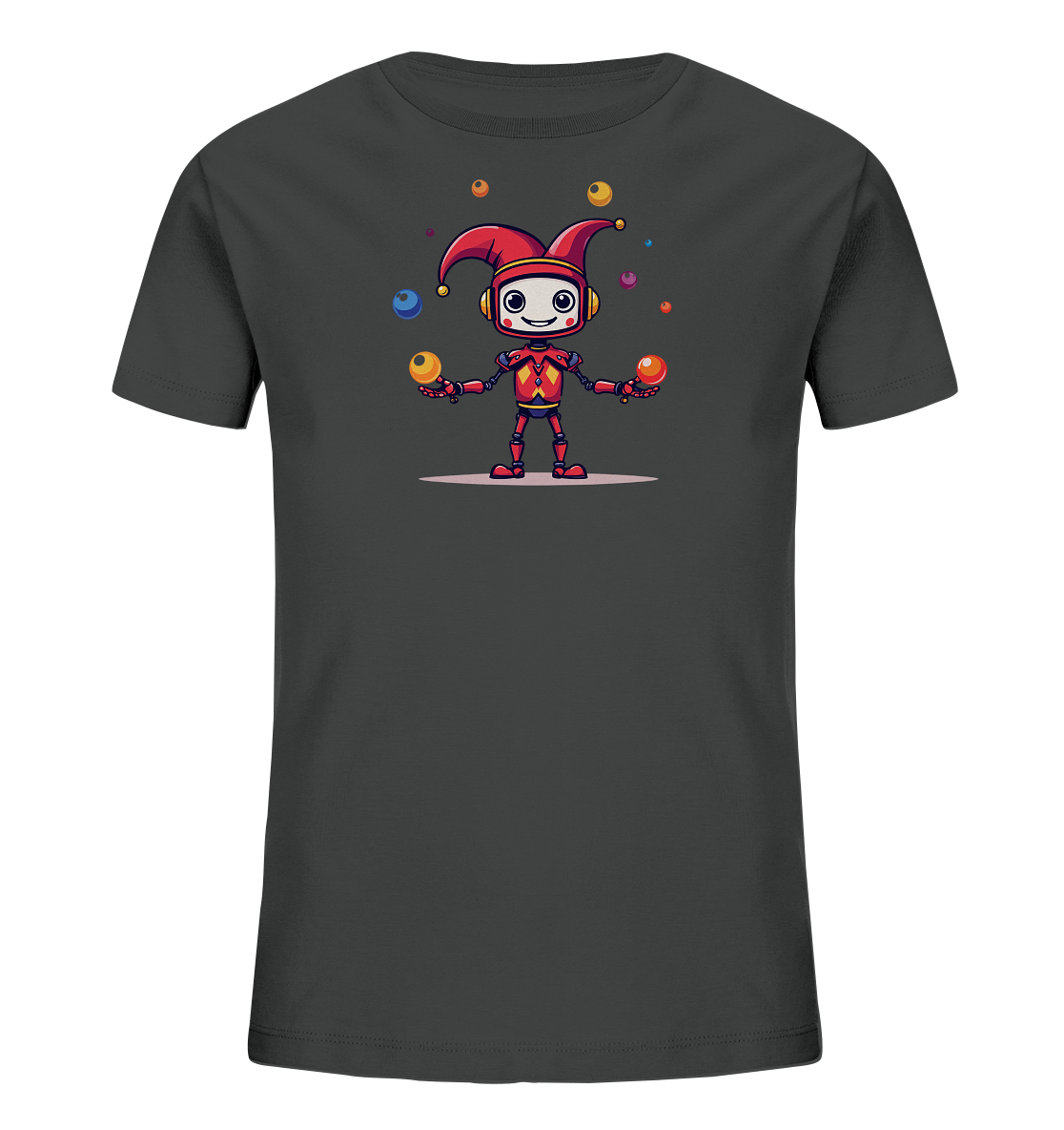 Onlineshop Shirts für Kinder - Das Bild zeigt ein dunkelgraues Kinder-T-Shirt mit einem farbenfrohen Druck auf der Vorderseite. Die Grafik stellt einen niedlichen roten Roboter dar, der eine rote Narrenkappe mit Glöckchen trägt und Kopfhörer aufhat. Der Roboter lächelt und jongliert gleichzeitig mit mehreren bunten Bällen in den Farben Orange, Gelb, Blau, Rot und Lila. Die Illustration ist im Comic-Stil gehalten und verleiht dem Shirt einen fröhlichen und verspielten Look.