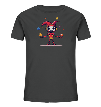 Onlineshop Shirts für Kinder - Das Bild zeigt ein dunkelgraues Kinder-T-Shirt mit einem farbenfrohen Druck auf der Vorderseite. Die Grafik stellt einen niedlichen roten Roboter dar, der eine rote Narrenkappe mit Glöckchen trägt und Kopfhörer aufhat. Der Roboter lächelt und jongliert gleichzeitig mit mehreren bunten Bällen in den Farben Orange, Gelb, Blau, Rot und Lila. Die Illustration ist im Comic-Stil gehalten und verleiht dem Shirt einen fröhlichen und verspielten Look.