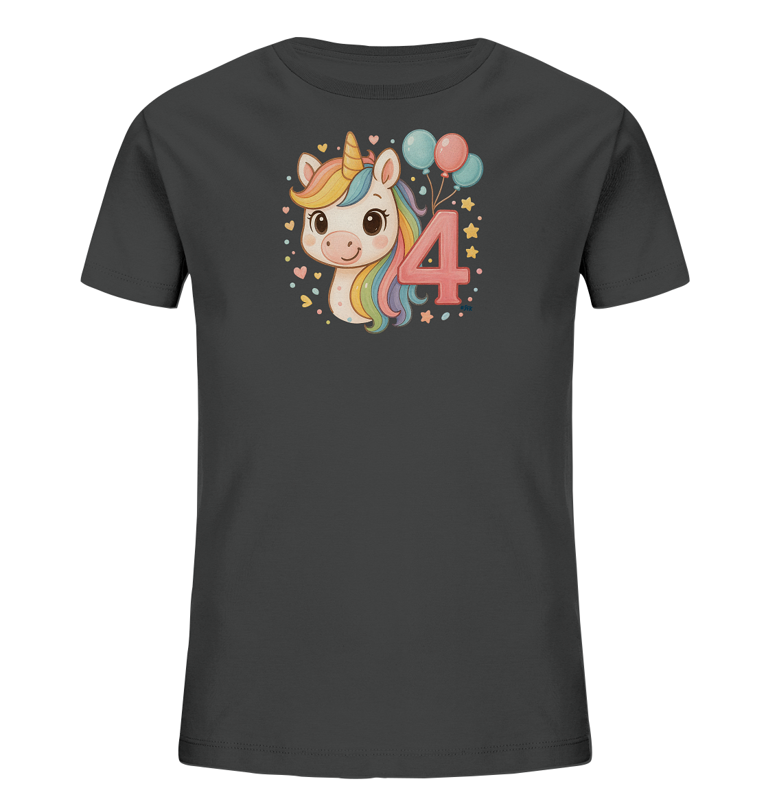 Onlineshop Shirts fuer Kinder - Das Bild zeigt ein dunkelgraues Kinder-T-Shirt. Auf der Vorderseite ist eine Illustration eines niedlichen Einhorns mit Regenbogenmaehne und goldenem Horn. Neben dem Einhorn ist die grosse Zahl '4' in Pink dargestellt, umgeben von Luftballons und kleinen Sternen. Das Motiv verleiht dem Shirt einen verspielten und festlichen Look.