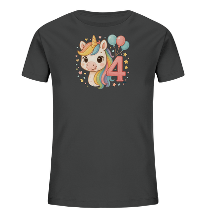 Onlineshop Shirts fuer Kinder - Das Bild zeigt ein dunkelgraues Kinder-T-Shirt. Auf der Vorderseite ist eine Illustration eines niedlichen Einhorns mit Regenbogenmaehne und goldenem Horn. Neben dem Einhorn ist die grosse Zahl '4' in Pink dargestellt, umgeben von Luftballons und kleinen Sternen. Das Motiv verleiht dem Shirt einen verspielten und festlichen Look.