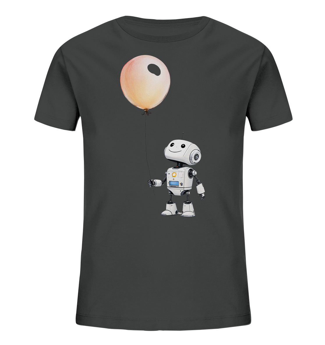 Onlineshop Shirts für Kinder - Das Bild zeigt ein dunkelgraues T-Shirt für Kinder, bedruckt mit einem fröhlichen Motiv auf der Vorderseite. Zu sehen ist ein kleiner, weißer Roboter mit großen Augen und einem Lächeln. Der Roboter hält die Schnur eines großen, orangefarbenen Ballons, der über ihm schwebt. Das Design ist verspielt und technisch angehaucht, ideal für kleine Entdecker und Technikfans.