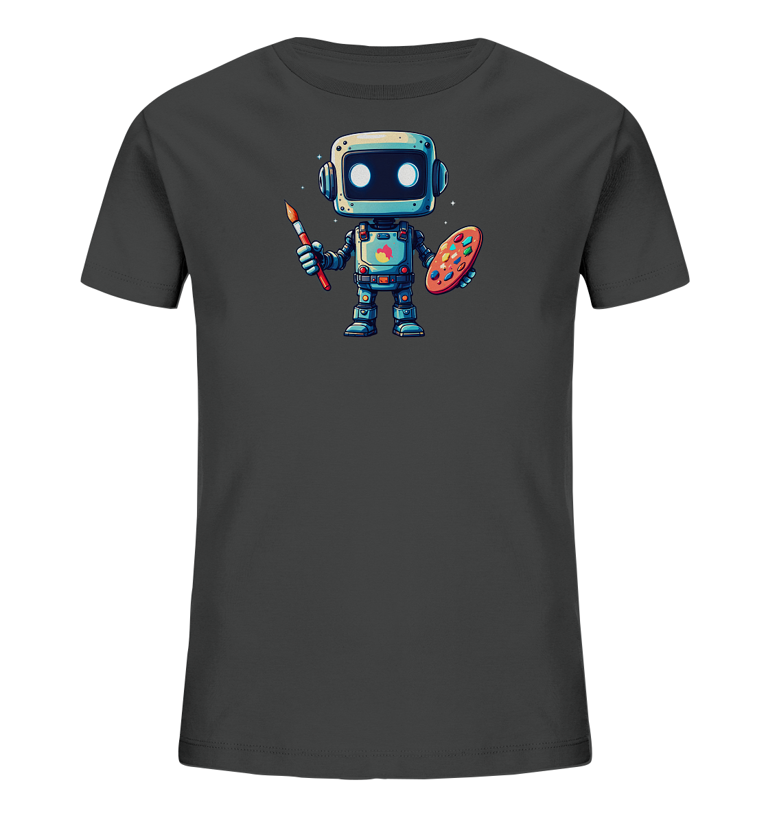 Onlineshop Shirts für Kinder - Das Bild zeigt ein unifarbenes T-Shirt in Anthrazit. Auf der Vorderseite ist eine farbige Illustration eines kleinen Roboters zu sehen. Der Roboter, überwiegend in Blautönen gehalten, hält in der rechten Hand einen Pinsel und in der linken Hand eine Farbpalette mit verschiedenen Farbtupfern. Kleine Sternchen umgeben den Kopf des Roboters, was dem Motiv einen verspielten Touch verleiht. Das Design ist zentral auf dem Shirt platziert.