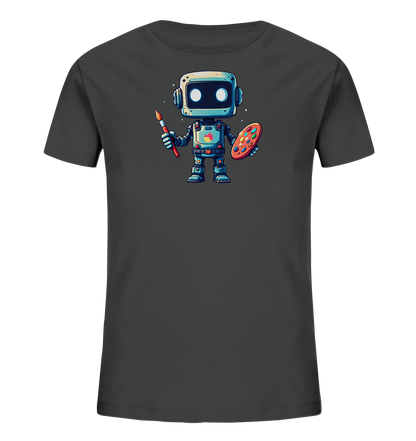 Onlineshop Shirts für Kinder - Das Bild zeigt ein unifarbenes T-Shirt in Anthrazit. Auf der Vorderseite ist eine farbige Illustration eines kleinen Roboters zu sehen. Der Roboter, überwiegend in Blautönen gehalten, hält in der rechten Hand einen Pinsel und in der linken Hand eine Farbpalette mit verschiedenen Farbtupfern. Kleine Sternchen umgeben den Kopf des Roboters, was dem Motiv einen verspielten Touch verleiht. Das Design ist zentral auf dem Shirt platziert.