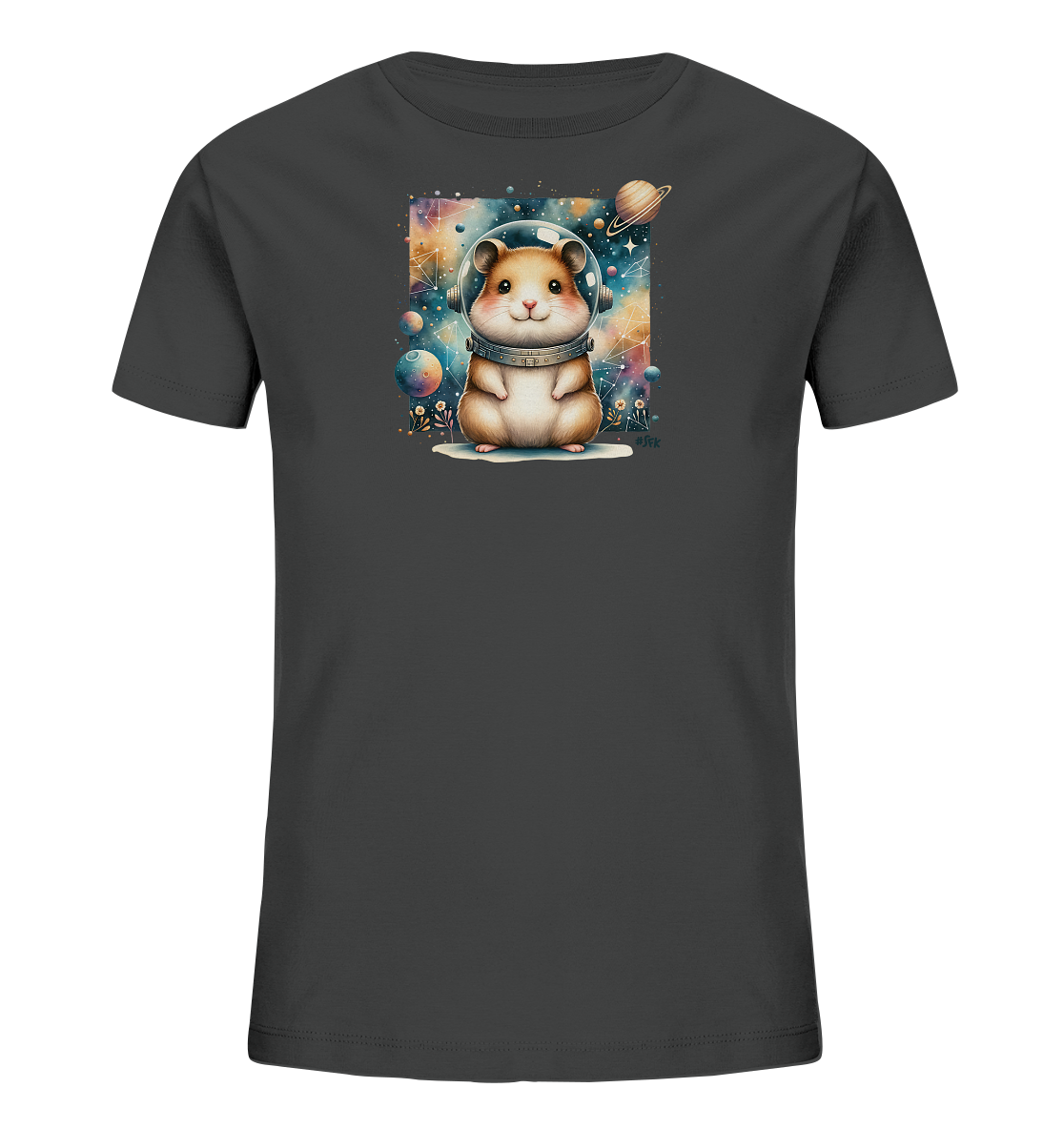 Onlineshop Shirts fuer Kinder - Dieses T-Shirt fuer Kinder in Anthrazit zeigt ein farbenfrohes Druckmotiv auf der Vorderseite. Das Motiv zeigt einen niedlichen Hamster mit einem Astronautenhelm inmitten eines detailreichen Weltraumbildes mit Sternen, Planeten und einer Galaxie. Der Hamster blickt freundlich und sitzt auf einer hellen Oberflaeche. Das Design ist verspielt und detailreich gestaltet.