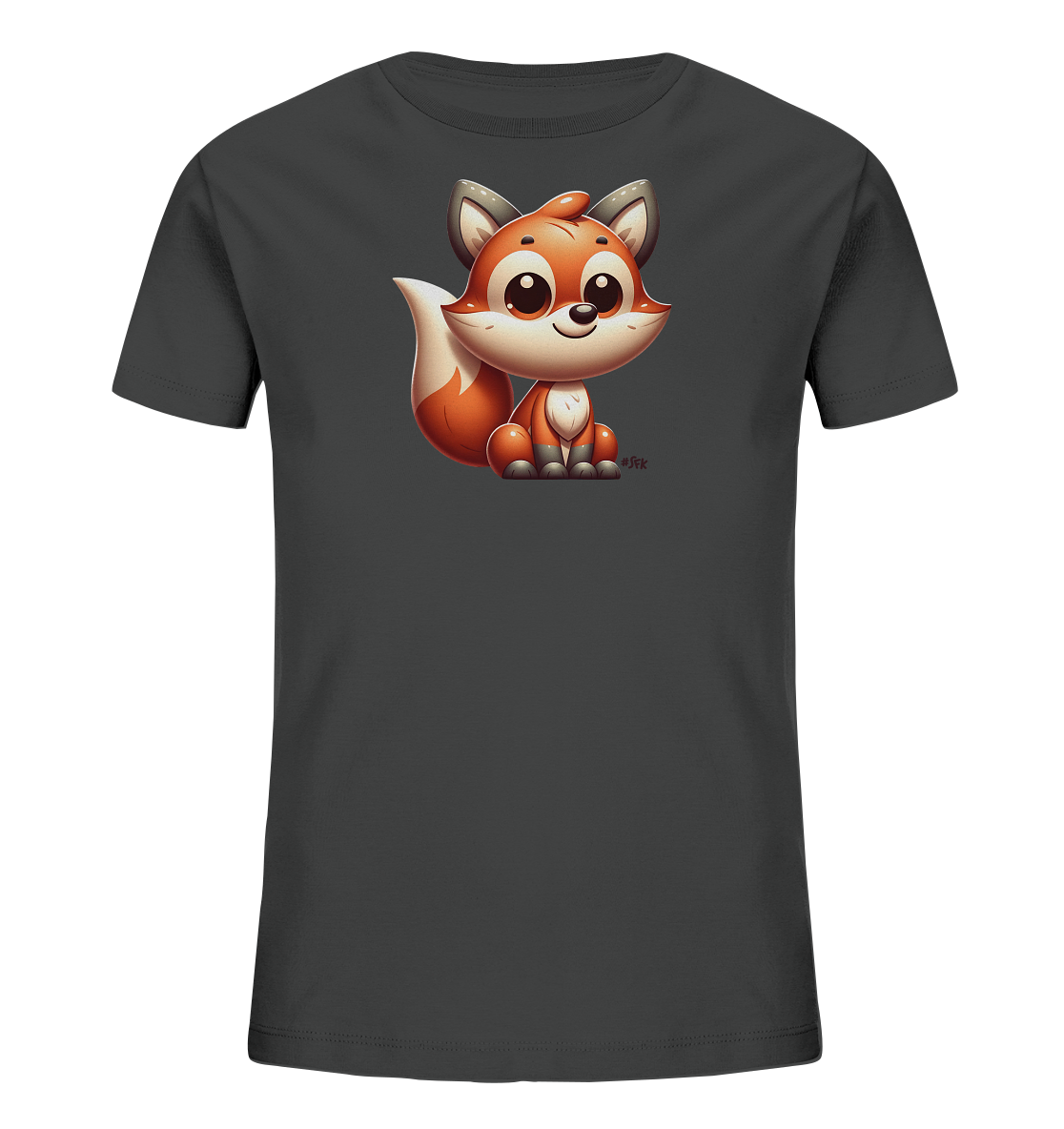 Onlineshop Shirts fuer Kinder - Dieses Bild zeigt ein dunkelgraues T-Shirt fuer Kinder mit einer entzueckenden Illustration eines Cartoon-Fuchses auf der Vorderseite. Der Fuchs sitzt aufrecht und hat grosse, ausdrucksstarke Augen sowie ein freundliches Laecheln. Seine Fellfarbe ist ein warmes Orange mit weissen Akzenten, und sein buschiger Schwanz ist prominent dargestellt. Das Design ist verspielt und ansprechend, perfekt fuer Kinderkleidung.