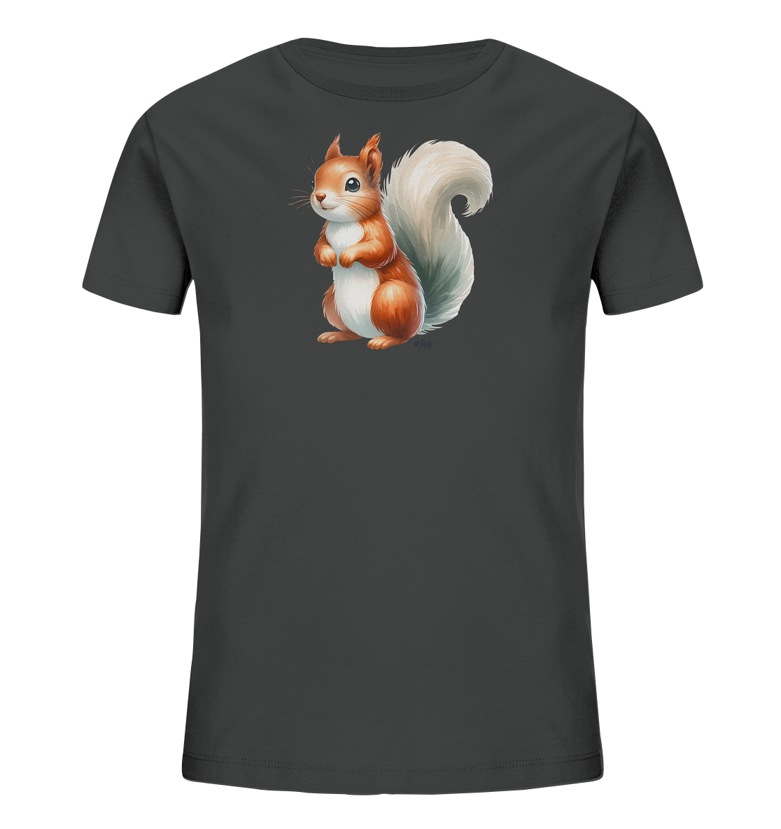 Onlineshop Shirts fuer Kinder - Das Bild zeigt ein dunkelgraues T-Shirt fuer Kinder mit einem niedlichen Motiv auf der Vorderseite. Abgebildet ist ein kleines Eichhoernchen in Braun- und Weisstoenen, das aufrecht sitzt. Das Eichhoernchen hat einen grossen, buschigen Schwanz und schaut freundlich zur Seite. Dieses Design verleiht dem Shirt einen verspielten und tierlieben Charakter.