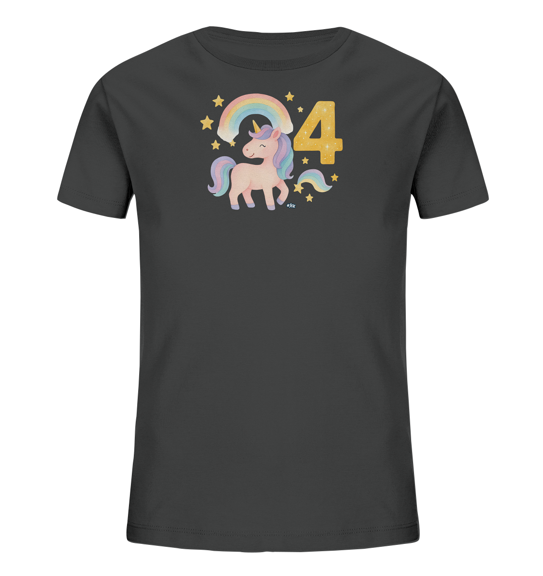 Onlineshop Shirts fuer Kinder - Das Bild zeigt ein anthrazitfarbenes T-Shirt fuer Kinder mit einem farbenfrohen Aufdruck auf der Vorderseite. Zu sehen ist ein niedliches Einhorn mit pastellfarbener Maehne und Schweif neben einer grossen goldenen Zahl 4. Über dem Motiv spannt sich ein Regenbogen, umgeben von zahlreichen gelben Sternen. Das Design wirkt magisch und verspielt.