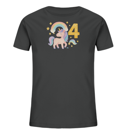 Onlineshop Shirts fuer Kinder - Das Bild zeigt ein anthrazitfarbenes T-Shirt fuer Kinder mit einem farbenfrohen Aufdruck auf der Vorderseite. Zu sehen ist ein niedliches Einhorn mit pastellfarbener Maehne und Schweif neben einer grossen goldenen Zahl 4. Über dem Motiv spannt sich ein Regenbogen, umgeben von zahlreichen gelben Sternen. Das Design wirkt magisch und verspielt.