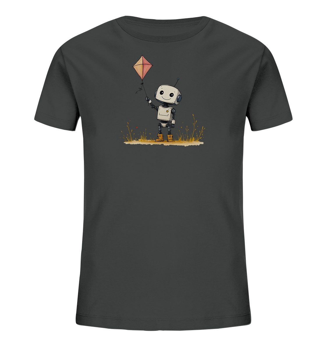 Onlineshop Shirts für Kinder - Das Bild zeigt ein dunkelgraues T-Shirt, das speziell für Kinder gedacht ist. Auf der Vorderseite befindet sich eine bezaubernde Illustration eines kleinen, lächelnden Roboters. Der Roboter steht in einer stilisierten Wiese mit braunem und gelbem Gras und hält die Leine eines farbigen Drachens, der in der Luft schwebt. Die Gesamtgestaltung wirkt freundlich und verspielt, ideal für ein Kinderoutfit.