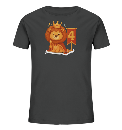 Kinder T-Shirt mit Löwenkönig, Krone, rotem Umhang und Zahl 4