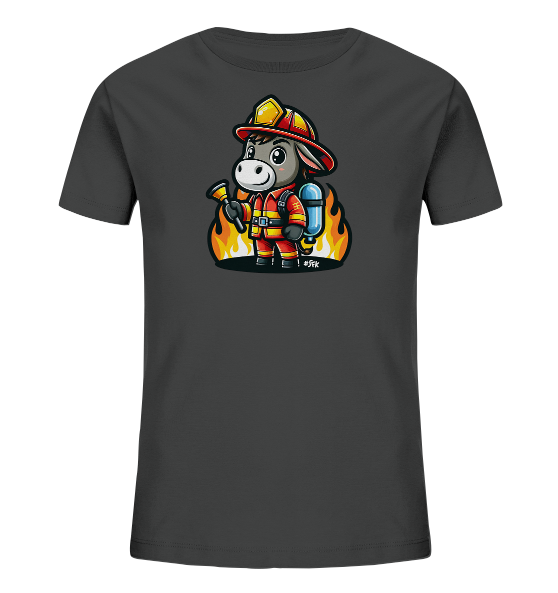 Kinder T-Shirt mit ein freundlicher Esel als Feuerwehrmann mit Helm, Anzug und Schlauch
