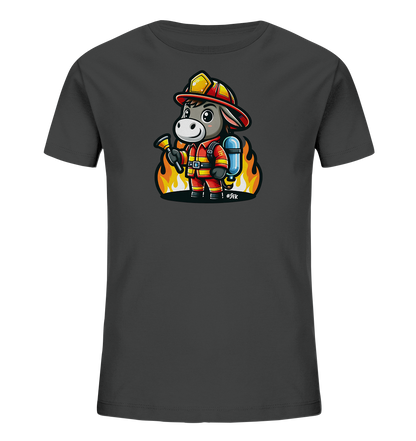 Kinder T-Shirt mit ein freundlicher Esel als Feuerwehrmann mit Helm, Anzug und Schlauch