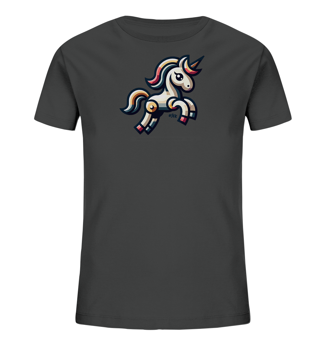 Onlineshop Shirts fuer Kinder - Das Bild zeigt ein dunkelgraues T-Shirt fuer Kinder. Auf der Vorderseite ist eine farbenfrohe, stilisierte Grafik eines Einhorns abgebildet. Das Einhorn hat eine weisse Grundfarbe mit bunten Elementen an Maehne, Schweif, Horn und Hufen. Es wird in einer dynamischen, springenden Pose dargestellt.
