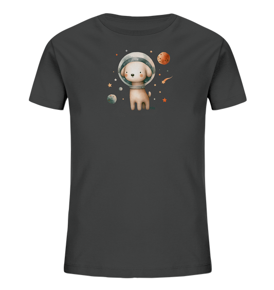 Onlineshop Shirts fuer Kinder - Das Bild zeigt ein dunkelgraues T-Shirt mit einem farbenfrohen Aufdruck eines Hundes im Weltall. Der Hund traegt einen Astronautenhelm und ist von verschiedenen Planeten, Sternen und einer Sternschnuppe umgeben. Das niedliche Motiv ist zentral auf der Vorderseite platziert und spricht kleine Weltraumfans an.