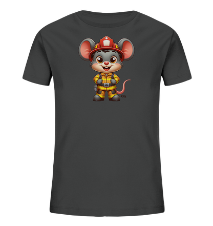 Onlineshop Shirts fuer Kinder - Das Bild zeigt ein dunkelgraues T-Shirt fuer Kinder. Auf der Vorderseite ist eine niedliche Cartoon-Maus abgebildet, die als Feuerwehrmann gekleidet ist. Die Maus traegt einen roten Helm und einen gelb-orangen Feuerwehranzug. Die Illustration ist detailreich und hat einen froehlichen Ausdruck.