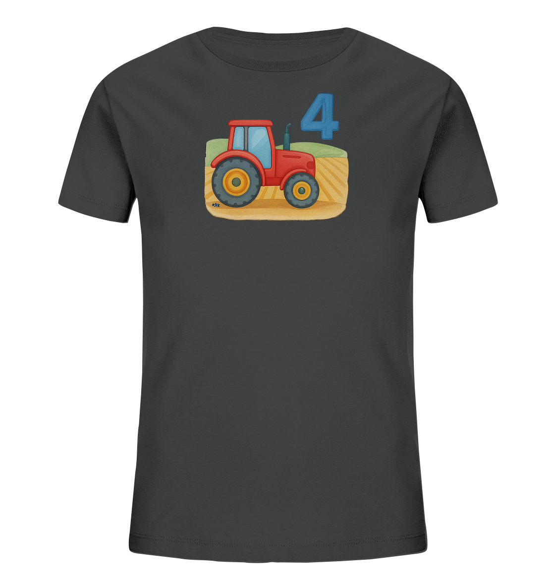Onlineshop Shirts fuer Kinder - Das Bild zeigt ein dunkelgraues Kinder-T-Shirt mit einem farbenfrohen Motiv auf der Vorderseite. Im Zentrum des Motivs steht ein roter Cartoon-Traktor mit gelben Raedern vor einem landwirtschaftlichen Hintergrund. Über dem Traktor ist eine grosse blaue Zahl '4' platziert. Das Design ist lebendig und detailreich, ideal fuer Kinder.