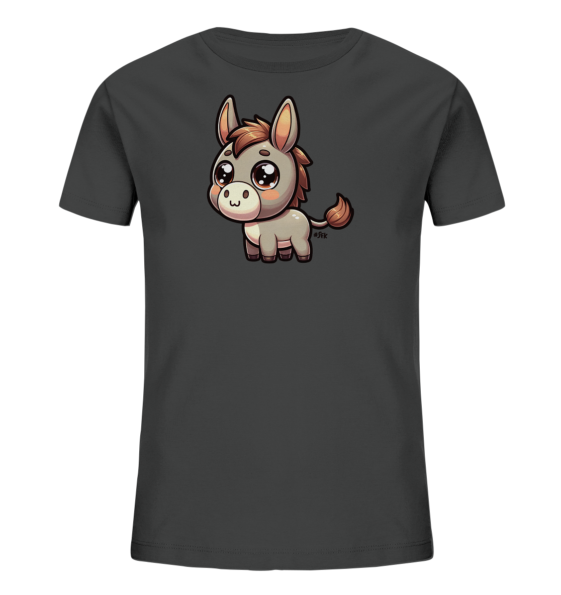 Onlineshop Shirts fuer Kinder - Das Bild zeigt ein dunkelgraues T-Shirt fuer Kinder. Auf der Vorderseite ist eine niedliche, cartoonhafte Illustration eines kleinen Esels zu sehen. Der Esel hat grosse Augen und steht in einer aufrechten Position. Das Design ist schlicht und ansprechend fuer Kinder.