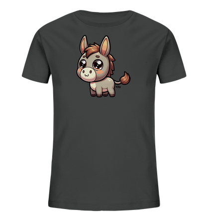 Onlineshop Shirts fuer Kinder - Das Bild zeigt ein dunkelgraues T-Shirt fuer Kinder. Auf der Vorderseite ist eine niedliche, cartoonhafte Illustration eines kleinen Esels zu sehen. Der Esel hat grosse Augen und steht in einer aufrechten Position. Das Design ist schlicht und ansprechend fuer Kinder.