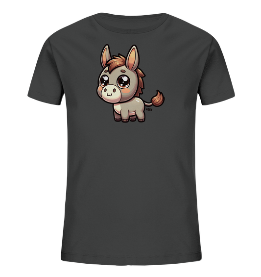 Onlineshop Shirts fuer Kinder - Das Bild zeigt ein dunkelgraues T-Shirt fuer Kinder. Auf der Vorderseite ist eine niedliche, cartoonhafte Illustration eines kleinen Esels zu sehen. Der Esel hat grosse Augen und steht in einer aufrechten Position. Das Design ist schlicht und ansprechend fuer Kinder.