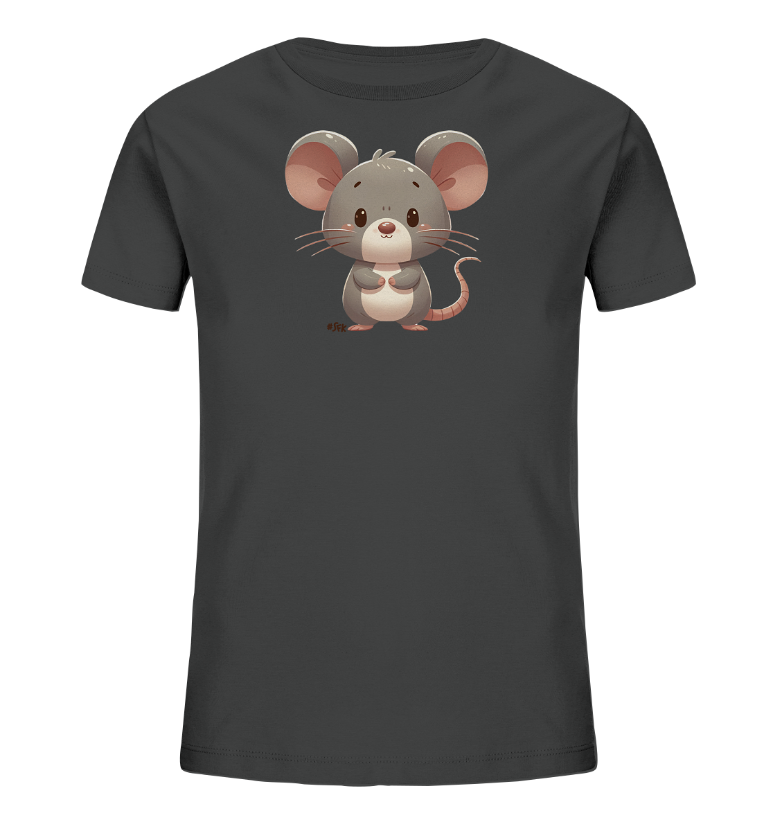 Onlineshop Shirts für Kinder - Das Bild zeigt ein dunkelgraues Kinder-T-Shirt auf einem schwarzen Hintergrund. Auf der Vorderseite des Shirts ist eine detailreiche, cartoonhafte Illustration einer niedlichen Maus zu sehen. Die Maus ist grau mit großen rosafarbenen Ohren und Schwanz, steht aufrecht und hält ihre Pfoten vor sich. Ihr freundliches Gesicht mit großen Augen und Schnurrhaaren ist ansprechend gestaltet, was dem schlichten Shirt einen verspielten Touch verleiht.