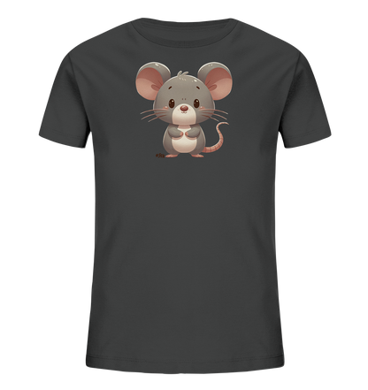 Onlineshop Shirts für Kinder - Das Bild zeigt ein dunkelgraues Kinder-T-Shirt auf einem schwarzen Hintergrund. Auf der Vorderseite des Shirts ist eine detailreiche, cartoonhafte Illustration einer niedlichen Maus zu sehen. Die Maus ist grau mit großen rosafarbenen Ohren und Schwanz, steht aufrecht und hält ihre Pfoten vor sich. Ihr freundliches Gesicht mit großen Augen und Schnurrhaaren ist ansprechend gestaltet, was dem schlichten Shirt einen verspielten Touch verleiht.