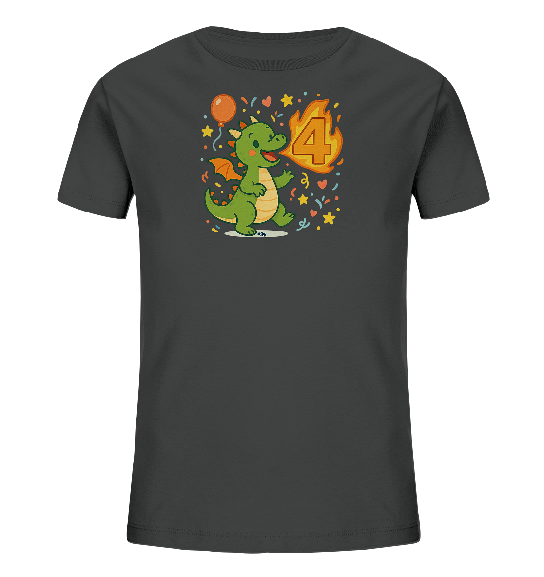 Onlineshop Shirts fuer Kinder - Dieses dunkelgraue Kinder T-Shirt zeigt eine farbenfrohe Grafik. Im Zentrum steht ein laechelnder, gruener Zeichentrick-Drache mit orangefarbenen Fluegeln. Der Drache scheint Feuer zu speien, das sich zur Zahl '4' formt. Um das Motiv herum sind festliche Elemente wie ein Ballon, Sterne und Konfetti verteilt.