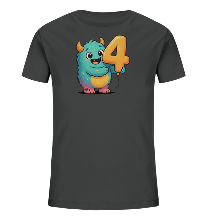 Onlineshop Shirts fuer Kinder - Das Bild zeigt ein dunkles T-Shirt mit einem farbenfrohen Monster-Motiv auf der Vorderseite. Das freundliche, blau-gruene Cartoon-Monster haelt einen grossen, orangen Ballon in Form der Zahl Vier. Das Monster hat orangefarbene Hoerner und Pfoten sowie einen gelben Bauch und laechelt froehlich. Das verspielte Design ist ideal fuer Kinder, die ihren vierten Geburtstag feiern.