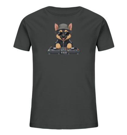 Kinder-T-Shirt mit DJ-Hund, der mit Vinyl-Platten scratched.