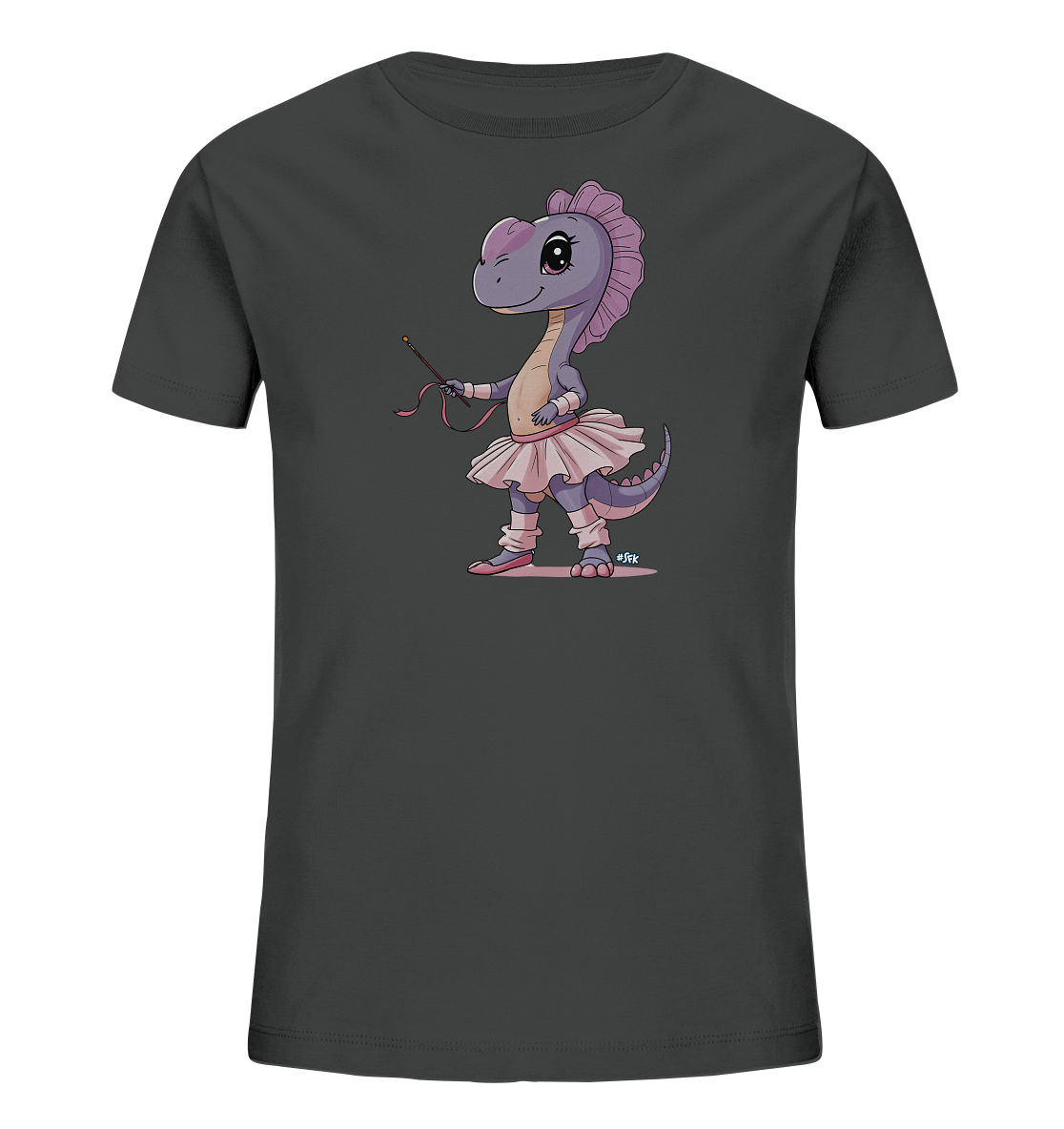 Onlineshop Shirts fuer Kinder - Das Bild zeigt ein anthrazitfarbenes Kinder-T-Shirt mit einem bunten Aufdruck. Zu sehen ist ein lila Dinosaurier in einem hellrosa Ballett-Outfit bestehend aus Tutu, Schuhen und Stulpen. Der Dinosaurier haelt einen kleinen Zauberstab in der Hand und hat eine freundliche, tanzbereite Haltung. Dieses Motiv verleiht dem Shirt einen fantasievollen Touch.