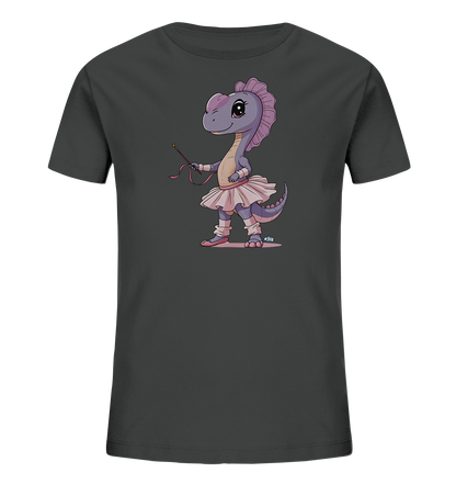 Onlineshop Shirts fuer Kinder - Das Bild zeigt ein anthrazitfarbenes Kinder-T-Shirt mit einem bunten Aufdruck. Zu sehen ist ein lila Dinosaurier in einem hellrosa Ballett-Outfit bestehend aus Tutu, Schuhen und Stulpen. Der Dinosaurier haelt einen kleinen Zauberstab in der Hand und hat eine freundliche, tanzbereite Haltung. Dieses Motiv verleiht dem Shirt einen fantasievollen Touch.
